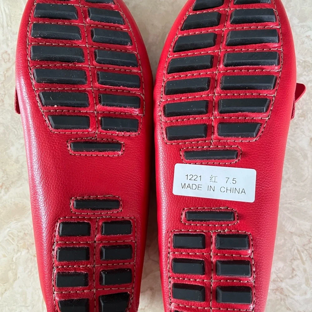 Cherry Red Leather Flats‎ with Moccasin Stitching